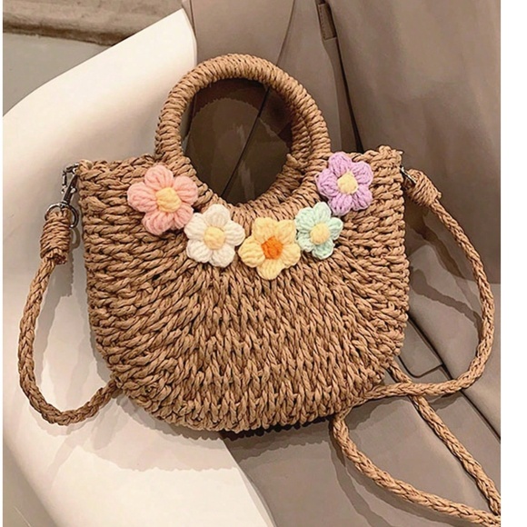 Boho Straw Crochet Colorful Flowers Crossbody Shoulder Tote Bag - Picture 2 of 5